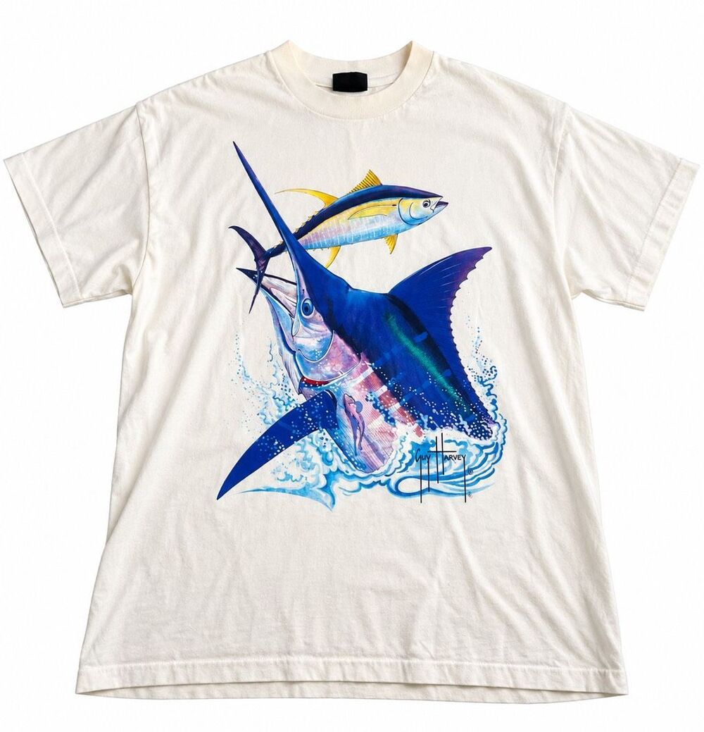 Guy Harvey VTG 90s Single Stitch Marlin Tuna Fishing T-Shirt Distressed Size XL